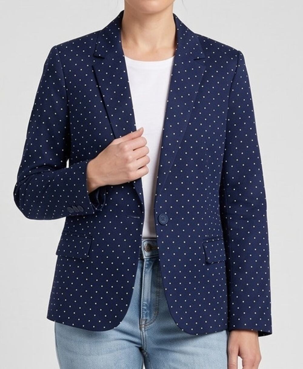 Liz Claiborne Career Size 12 Navy Blue with White Polka Dot One Button Blazer